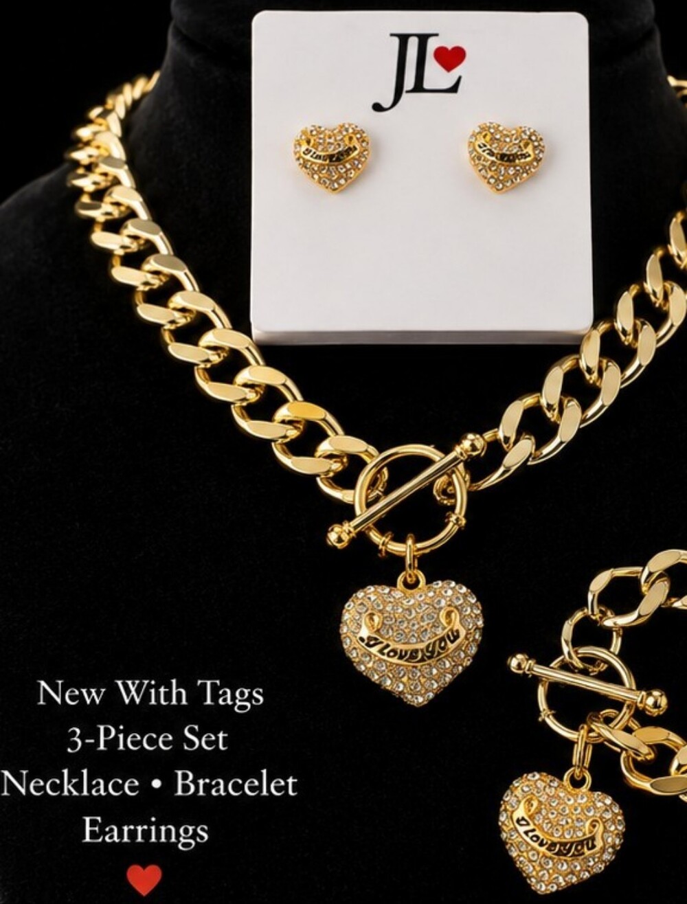 NWT JL❤️ "I Love You" Crystal Heart Necklace Bracelet & Earrings Set